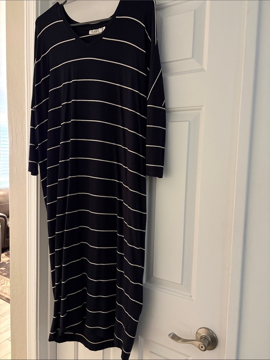 Masai Dresses & Skirts - Navy Blue and White Striped V-Neck Midi Dress by Masai